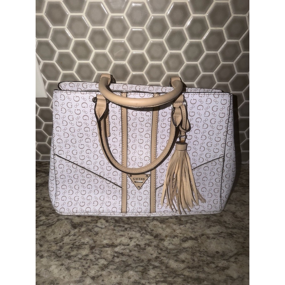 GUESS White Logo Print Satchel Top Handle Bag Zip Top Beige Ivory Preown